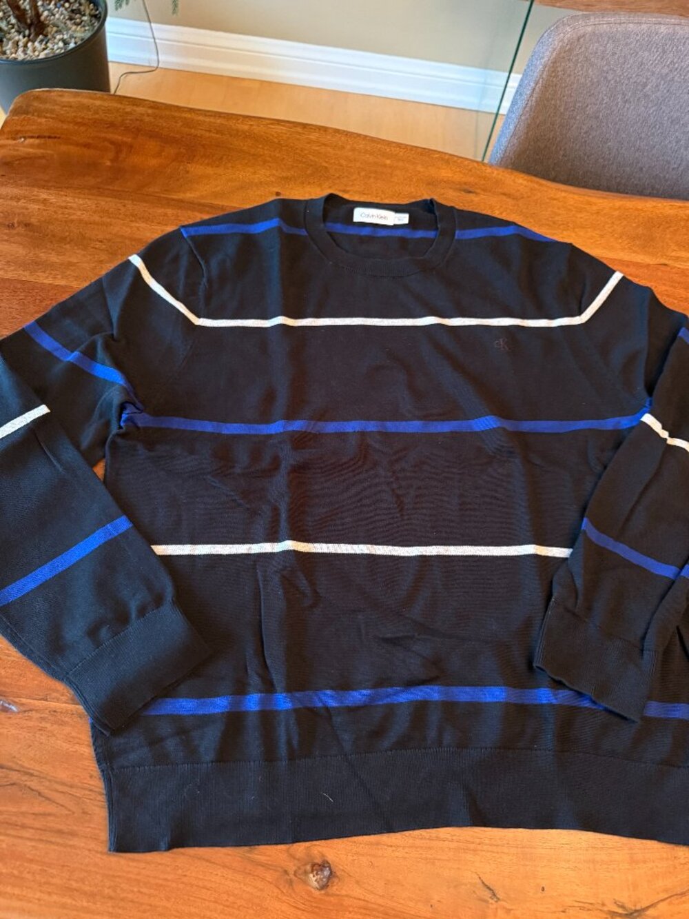Calvin Klein Crewneck Lightweight Mens Sweater - XXL - Black with stripes